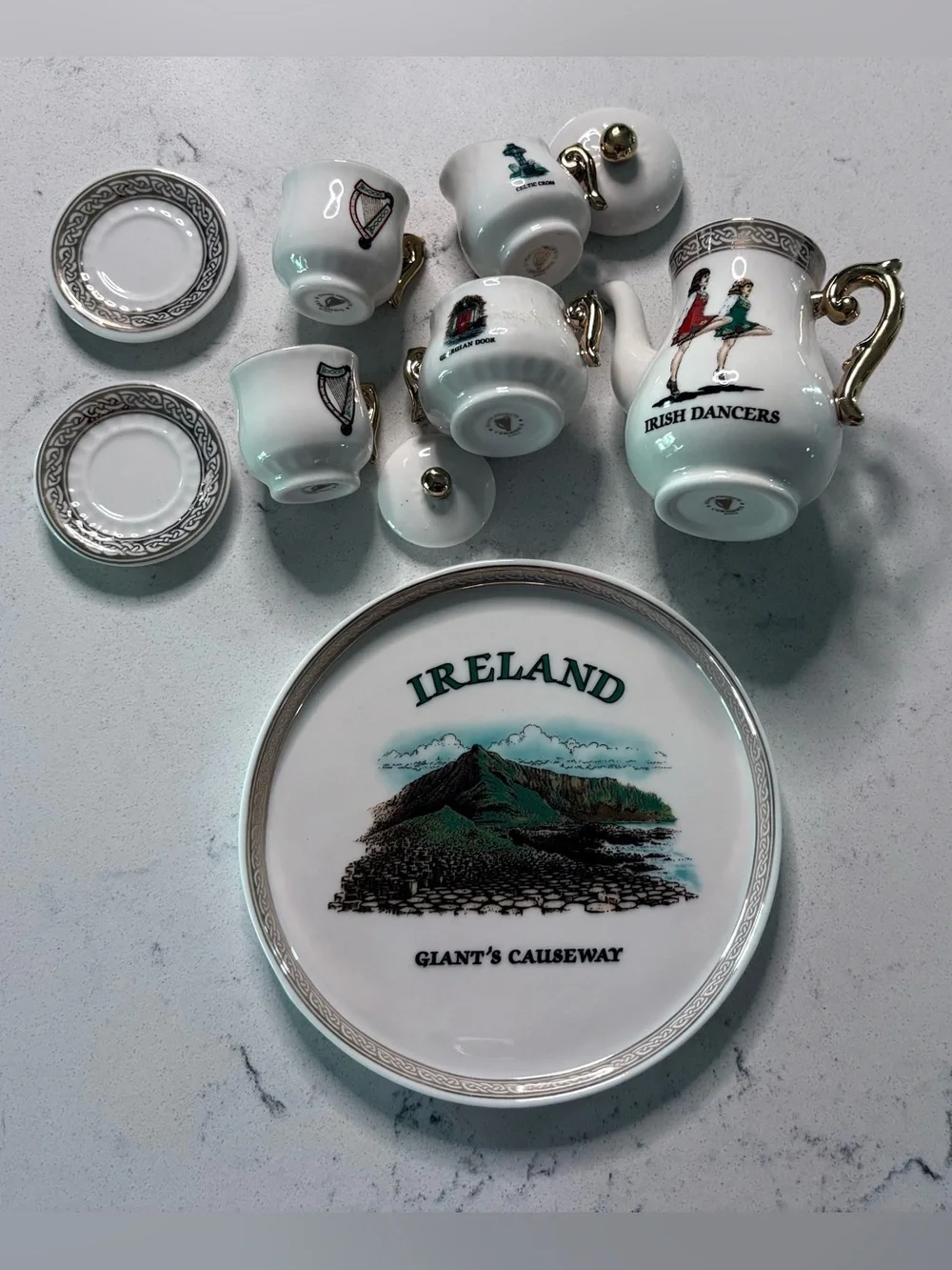Iconic Ireland Irish Dancers White Porcelain Miniature Tea Set handpainted